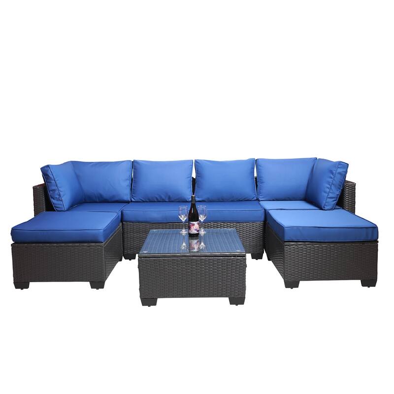 Black+Dark Blue 7-piece Outdoor Garden Patio Sofa Sets with Coffee Table, Rust-Resistant Metal Frame - Black+Dark Blue