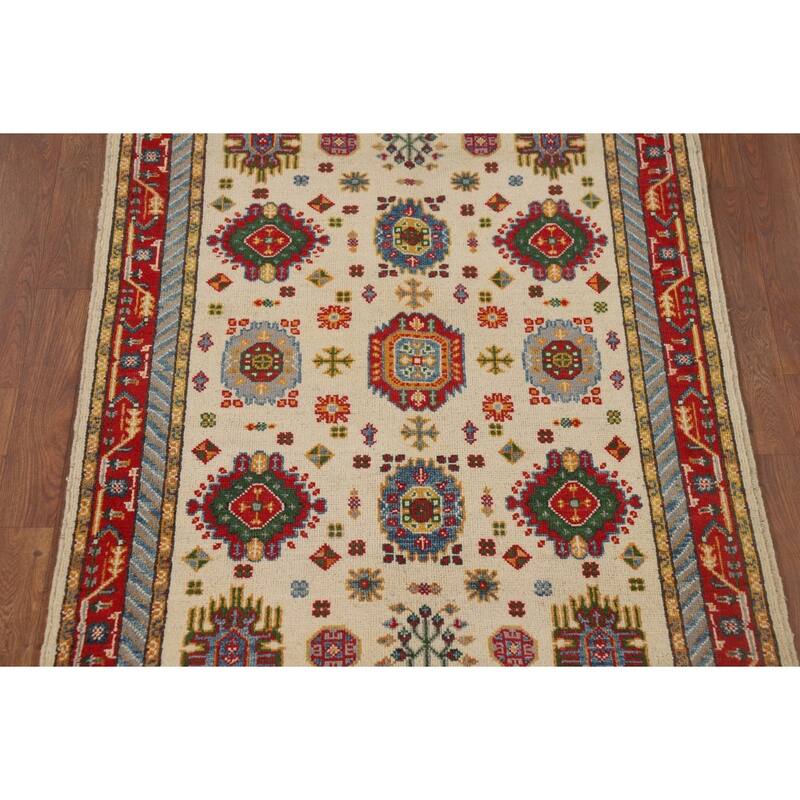 Traditional Kazak Foyer Rug Handmade Beige Geometric Wool Carpet - 3'4" x 4'11"