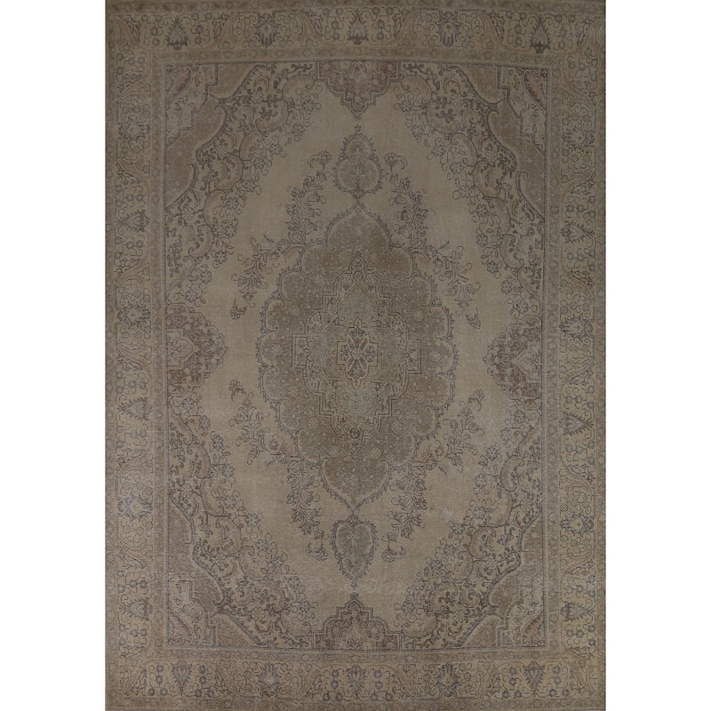 Tabriz Persian Vintage Rug Handmade Oriental Beige Wool Carpet - 9'6" x 12'10"