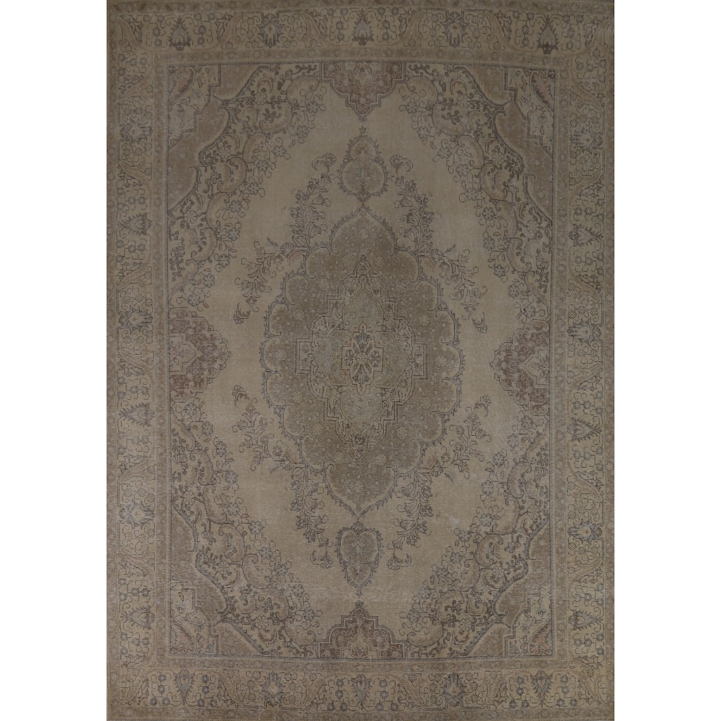 Tabriz Persian Vintage Rug Handmade Oriental Beige Wool Carpet - 9'6" x 12'10"