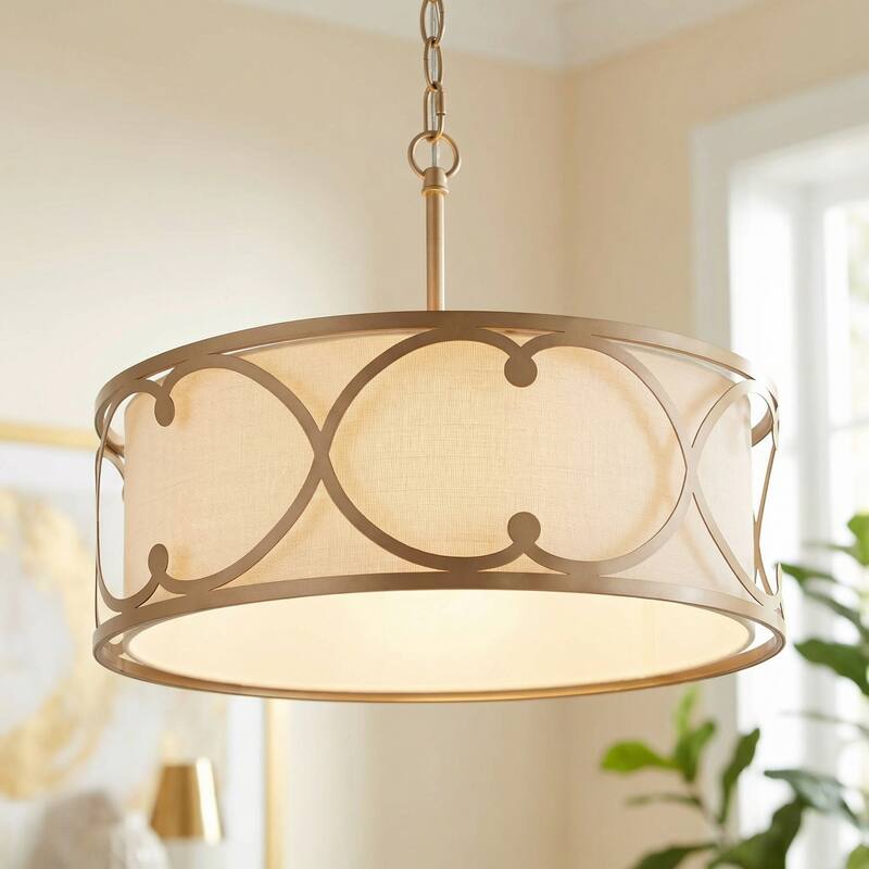 Modern Farmhouse Drum Shaded Chandelier Brass Foyer Pendant Lights - D17.5"x H 14"