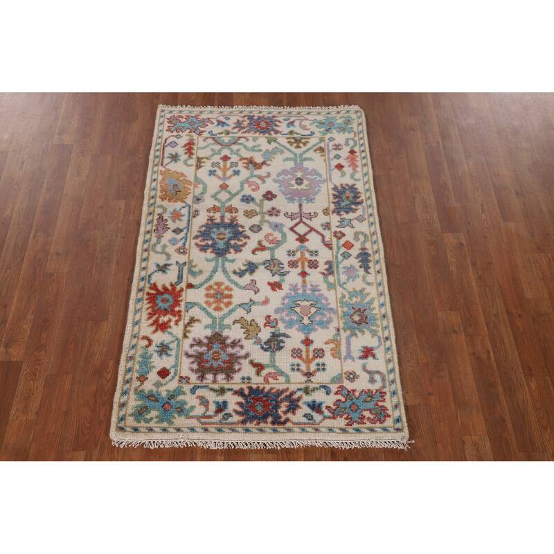 Ivory Floral Oushak Oriental Accent Rug Handmade Wool Carpet - 3'1"x 4'10"