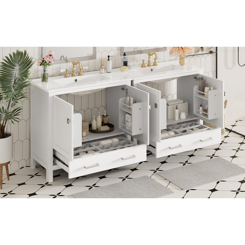 Roomfitters Modern 72" Bathroom Vanity with Ceramic Sink, Soft-Close Doors, Double Storage Shelves and Divided Drawer