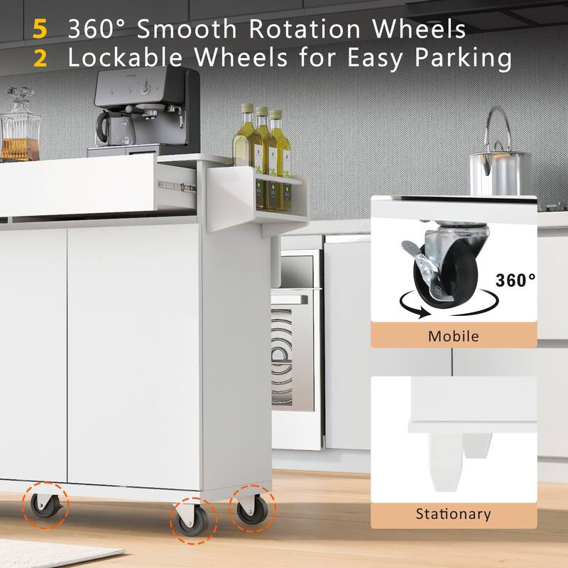 Rolling Kitchen Island Cart on Wheels with Adjustable Shelves, 2 Drawers, and Spice Rack