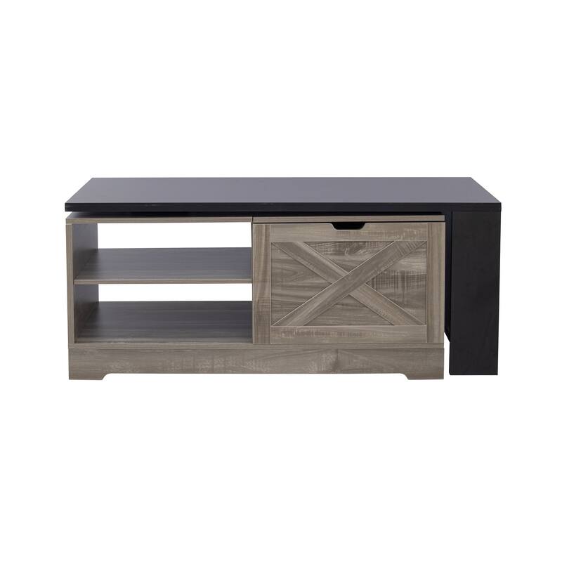 Farmhouse Lift Top Coffee Table, Wood Rectangular Center Table with Hidden Storage, Barn Doors, Open Cabinet