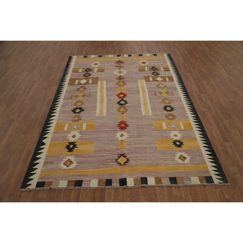 Hand Woven Oriental 100% Wool Carpet Southwestern Tribal Pink Kilim Area Rug - 9' 9'' X 6' 11''