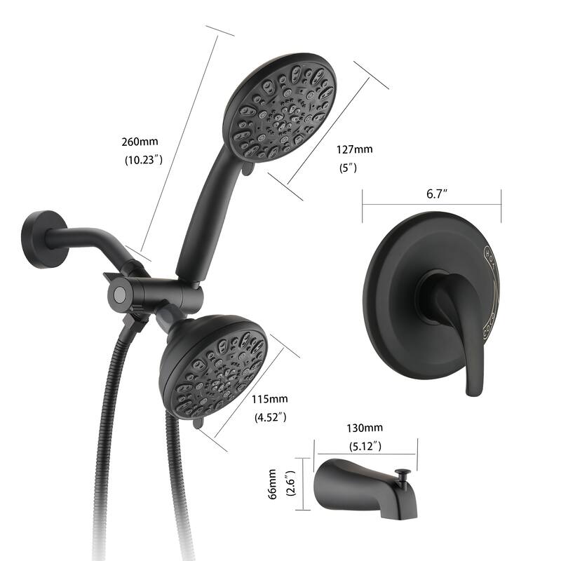 Proox 5 inch High Pressure Dual 2 in 1 Rain Showering Faucet Handheld Combo Set w/ Bathtub Spout