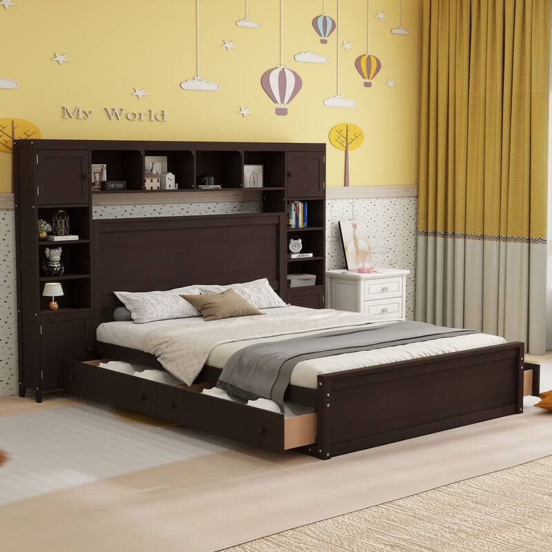 Modern Platform Bed with Integrated Cabinet, Trundle Bed and Drawers