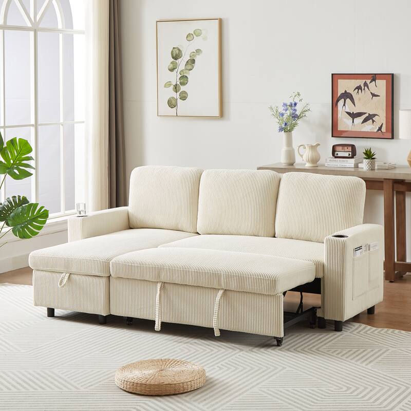 Modern Corduroy Reversible Sleeper Sofa Bed with Pullout Bed, L-Shaped Combo Sofa for Tight Spaces, Living Room, and Office