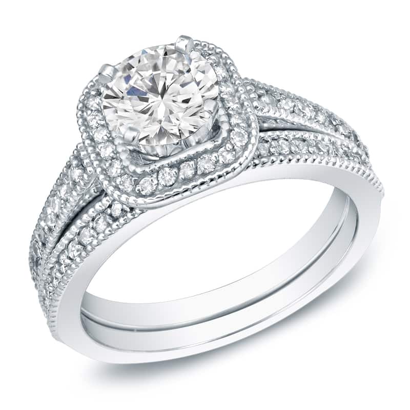 Auriya 14k Gold 1ctw Vintage Halo Diamond Engagement Ring Set - White - 4