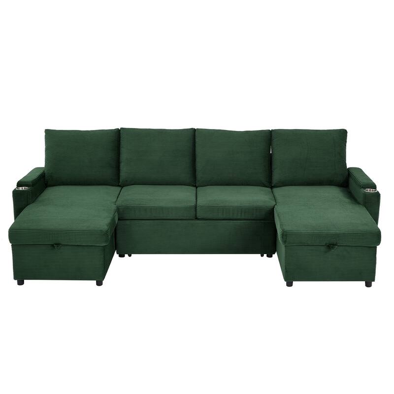 Convertible Sofa Bed with Pull Out Bed, U-Shaped Sectional Sofa with Dual Storage Chaise Lounges, USB Ports & Cup Holders