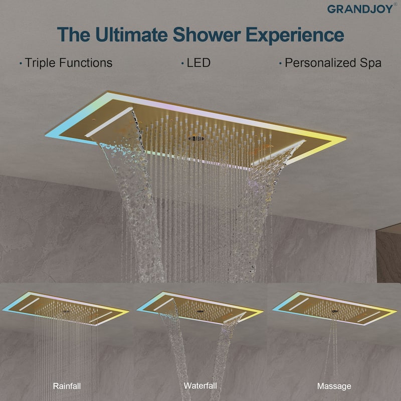 GRANDJOY Thermostatic Triple-Function LED Rain and Waterfall Shower System with Handheld and Built-In Music