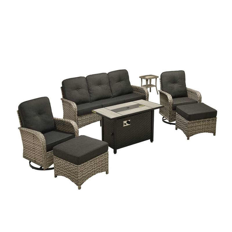 OVIOS 7-piece Patio Wicker Conversation Furniture Set With Fire Pit