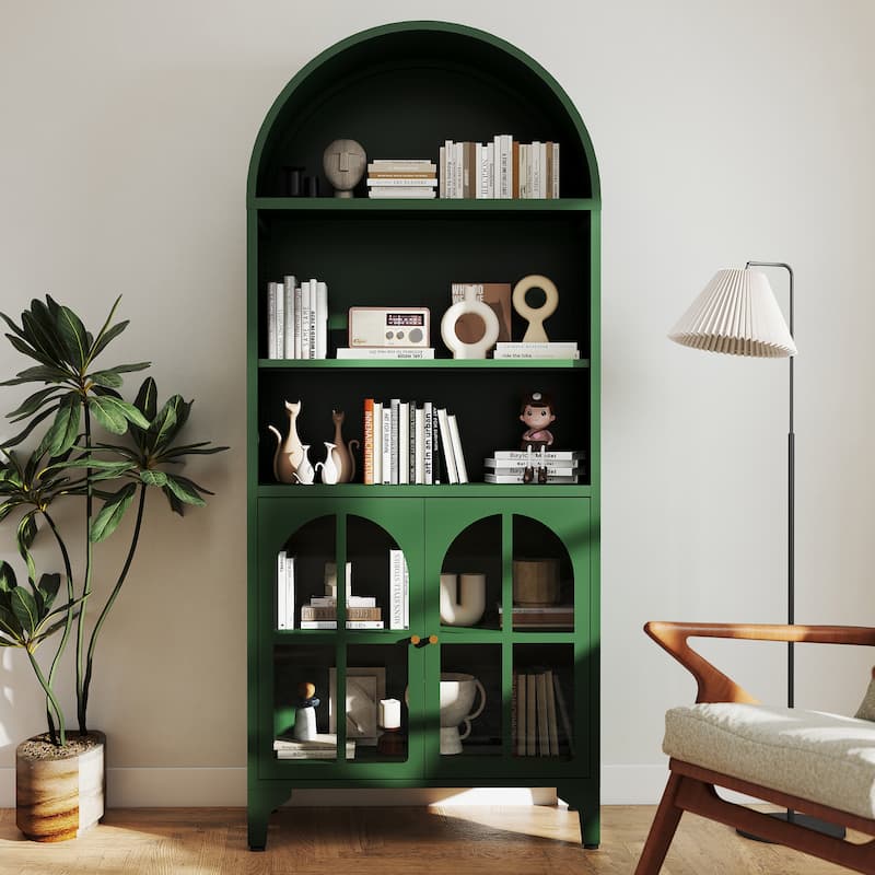 73.6-Inch Arched Metal Storage Display Cabinet with Adjustable Shelves