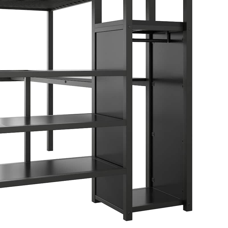 Black Metal Loft Bed Frame with Desk, Wardrobe, Storage Staircase, LED Light, Full Size Hight Bedframe with Metal Slat Support