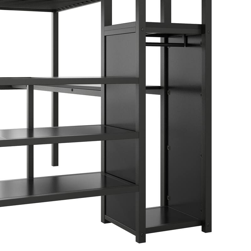Roomfitters Full Size Metal Loft Bed with Built-in Desk, Storage Staircase, Small Wardrobe and LED Light, Black
