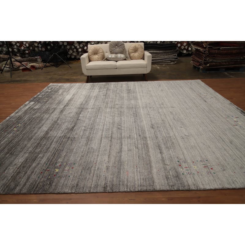 Hand Knotted Oriental Viscose Silk Carpet Tribal Animal Pictorial Greys & Charcoal Gabbeh Area Rug - 11' 8'' X 11' 9''