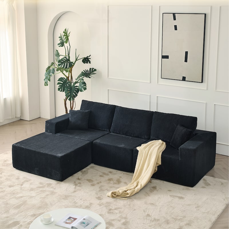 Corduroy Fabric 3 Seater Sectional Sofa with Ottoman Chaise Transforms Into Sleeper Sofa Bed, Modular Flexible Cloud Sofa Set - Black