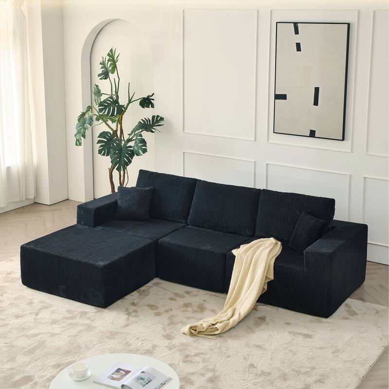 Modular L Shaped Sectional Sofa with Ottoman, Corduroy Boneless Cloud Sofa, 3 Seater Upholstered Sofa with 2 Pillows
