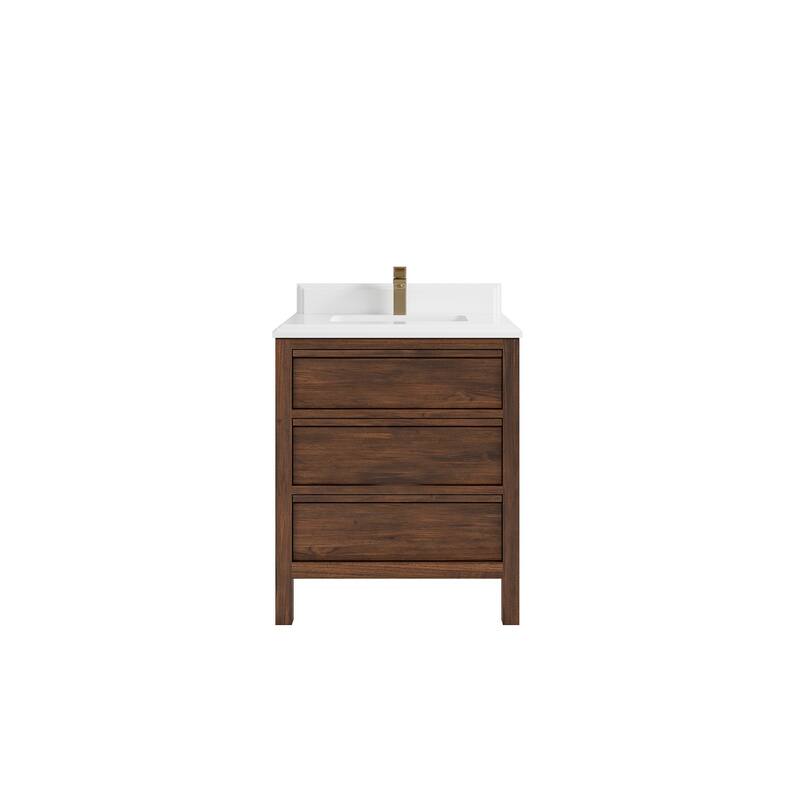 Willow Collections 30 in. W x 22 in. D Elizabeth Solid Teak Wodd Single Sink Bathroom Vanity with Countertop - 1.5" White Quartz - Dark Walnut