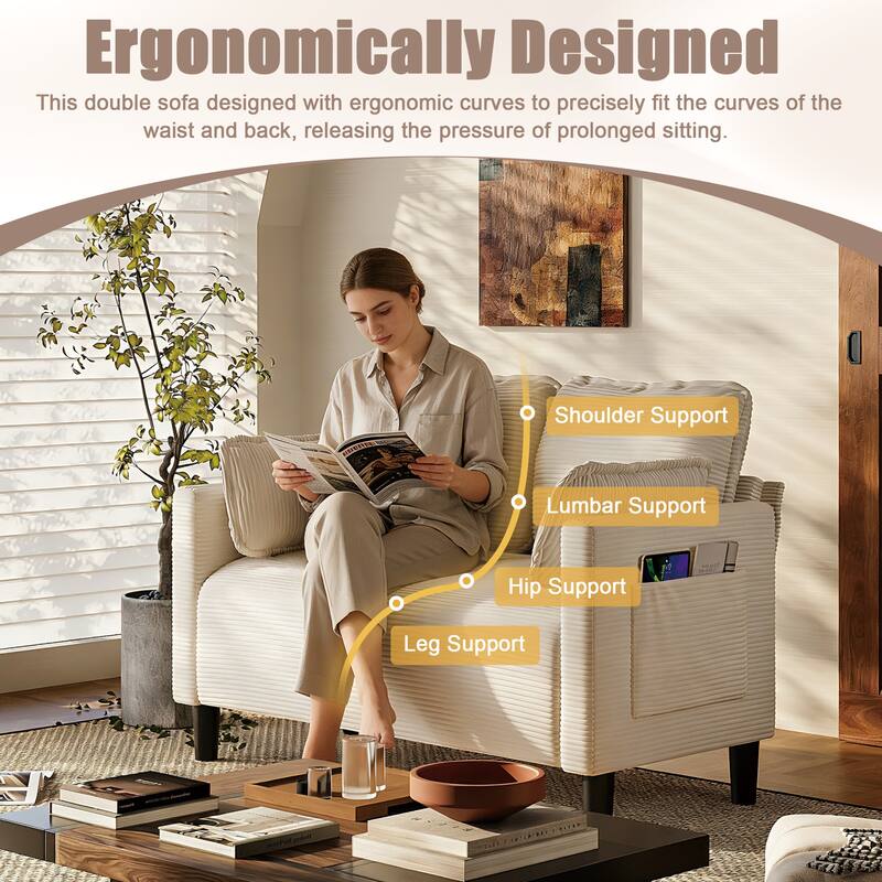 Beige 2-Seater Sofa with Side Pocket, Minimalist Living Room Loveseat Two-Seat Sofa Couch with Wood Frame