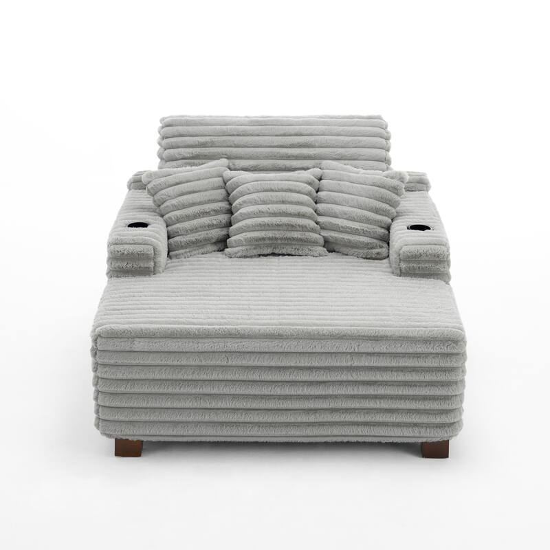 53"W Oversized Plush Fur-Like Chaise Lounge Sofa with Cup Holder