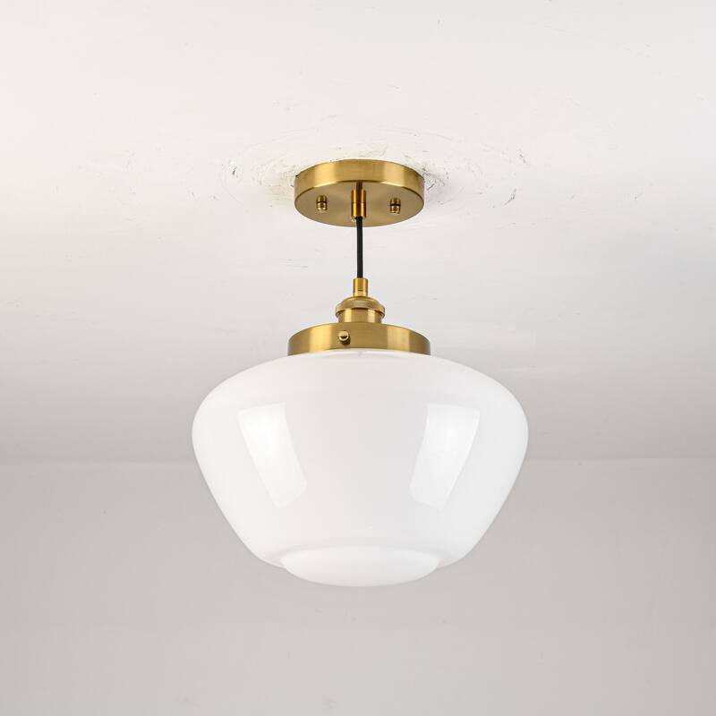 1-Light Mid-Century Modern Brass/Black Frosted Glass Globe Dome Pendant Light