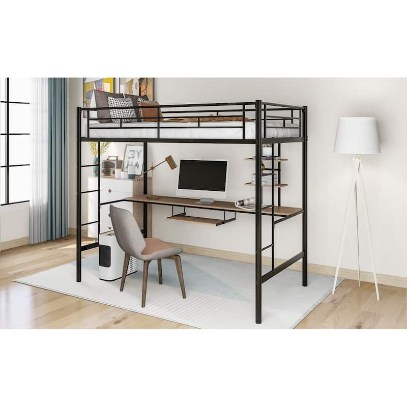 Metal Loft Bed with Desk and Shelf , Space Saving Design for Kids, Bedroom