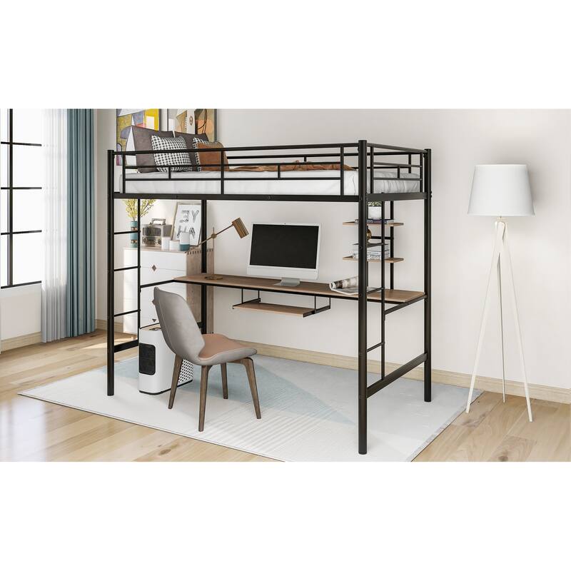 Twin/Full Size Loft Bed with Built-In Desk and Bookshelves, Durable Metal Frame, Black
