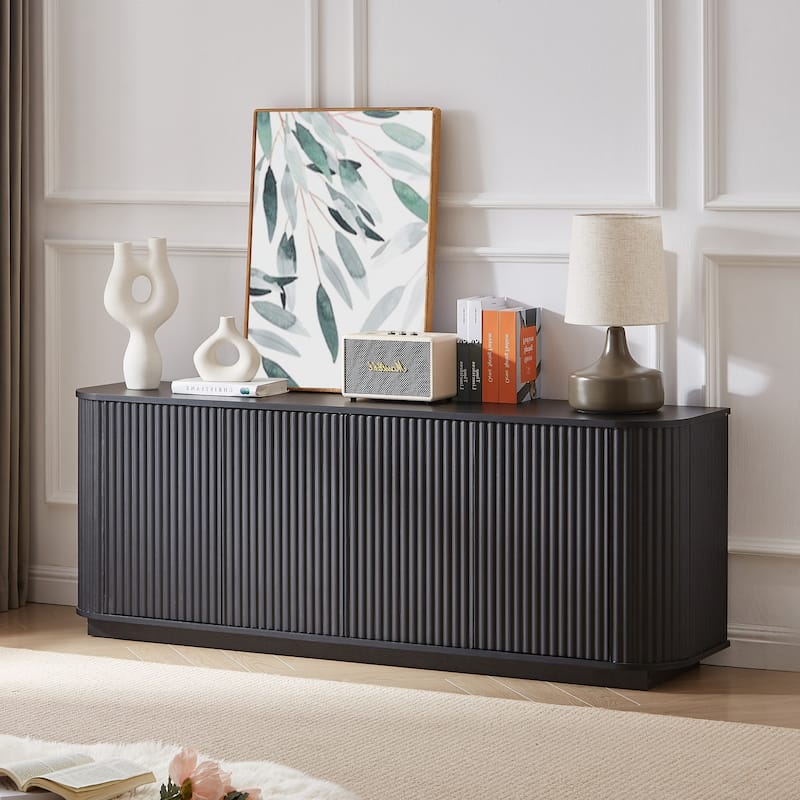 Sideboard Storage Cabinet TV Stand with wave pattern Buffet Cabinet Wooden Vertical Striped Cabinet - 64''W x 15''D x 24''H - Black