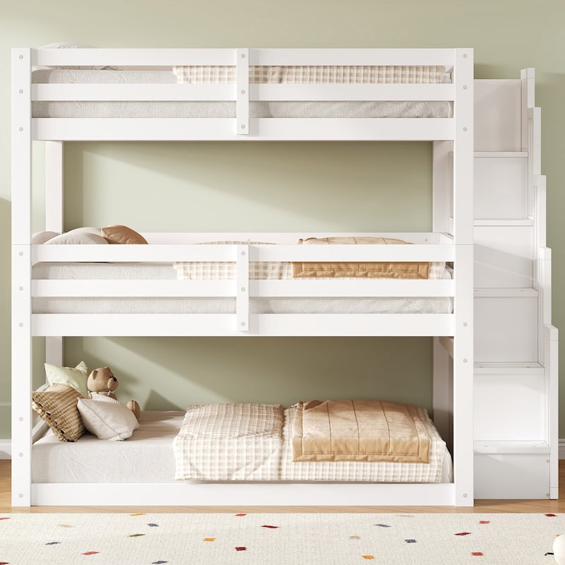 Full Size Triple Bunk Bed with Storage Staircase, Separate Design for Multiple Sleepers - White - Full