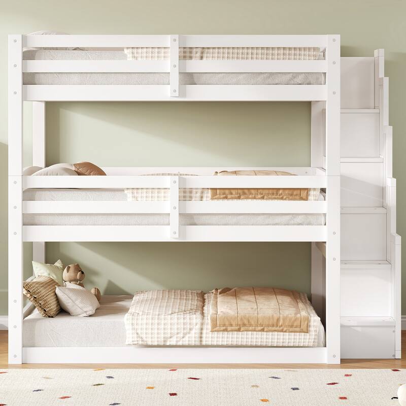 Roomfitters Full Triple Bunk Bed with Storage Staircase, Separable Design