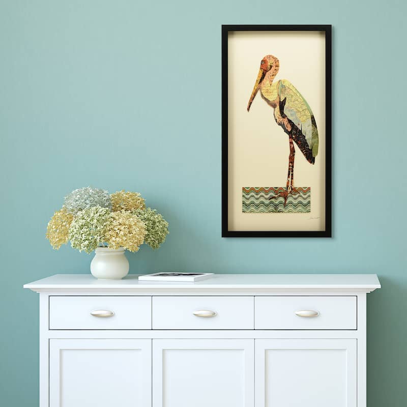 "Crane" Dimensional Collage Framed Graphic Art Under Glass Wall Art