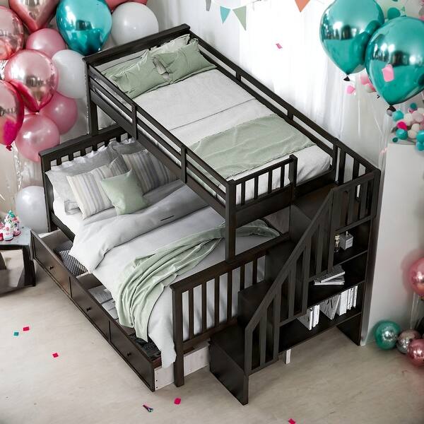 slide 2 of 19, Simple Twin over Full Bunk Bed With Drawer,Storage And Guard Rail Espresso