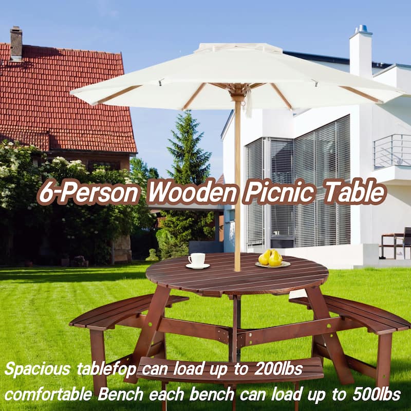 Outdoor 6 Person Picnic Table,6 person Round Picnic Table with 3 Built-in Benches,Umbrella Hole,Outside Table and Bench Set