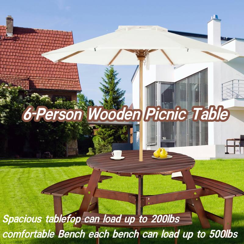 Outdoor Wood Picnic Table and Bench Set, 6 Person Round Dining Table with 3 Built In Benches and Umbrella Hole