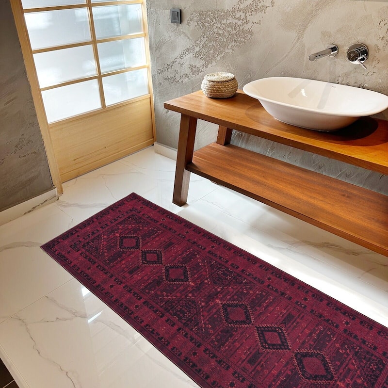Machine Washable Area Rug-Olympus Turkoman Oriental Bokhara Burgundy