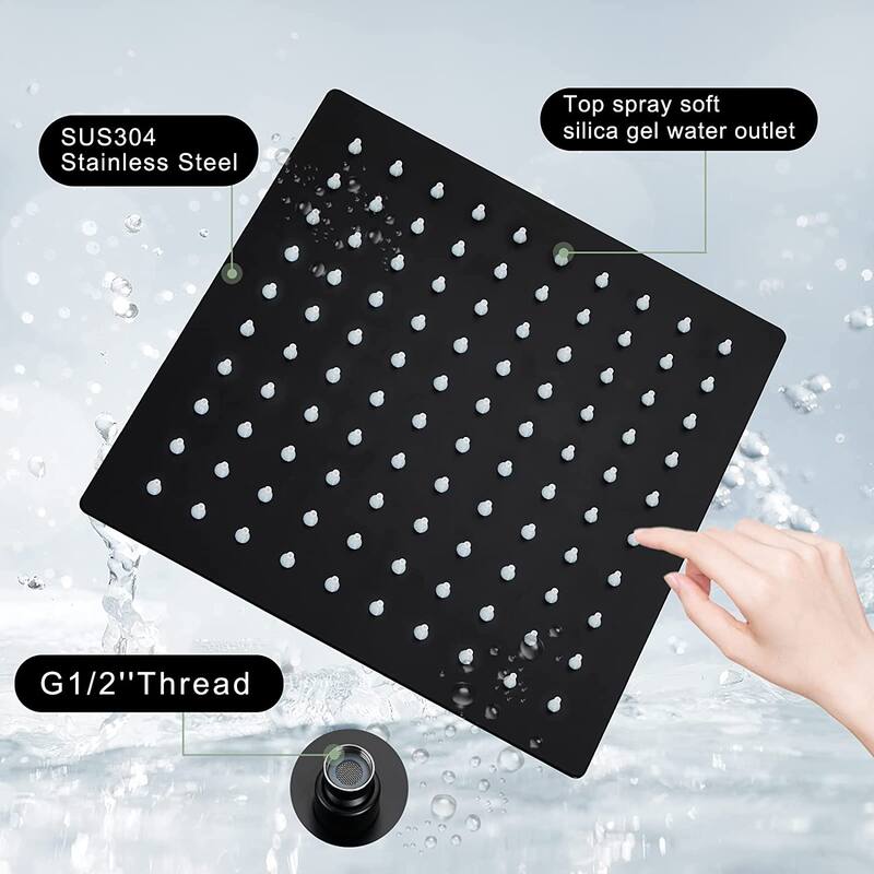 10 or 12 Inch Rain Fall Shower Head Solid Square Ultra Thin 304 Stainless Steel Full Body Coverage with Silicone Nozzle
