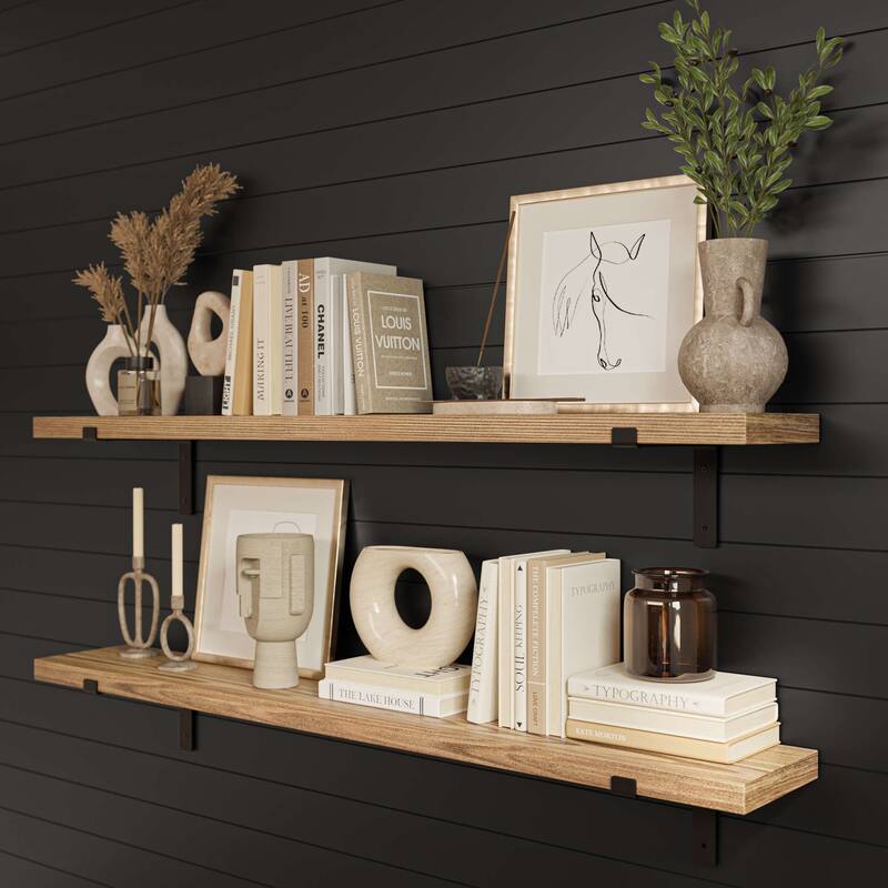 Wallniture Menton 60" x 9.25" Rustic Shelves for Wall Decor, Floating Book Shelves, Wall Mounted, Living Room Decor, Burnt, 2 Pc