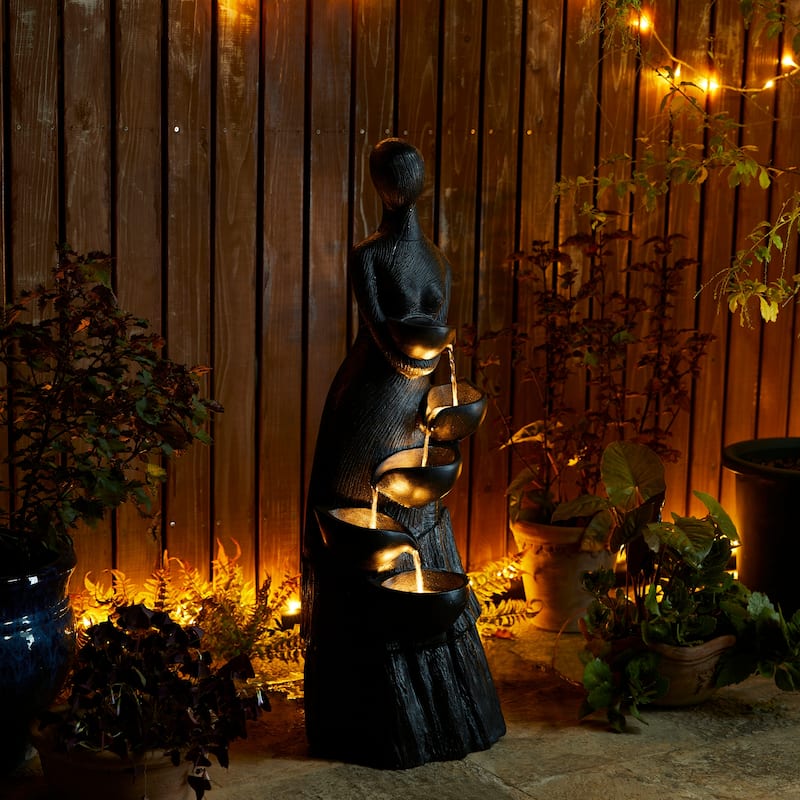 Glitzhome 39"H LED Polyresin 5-Tiered Woman Stone Sculpture Water Fountain Outdoor