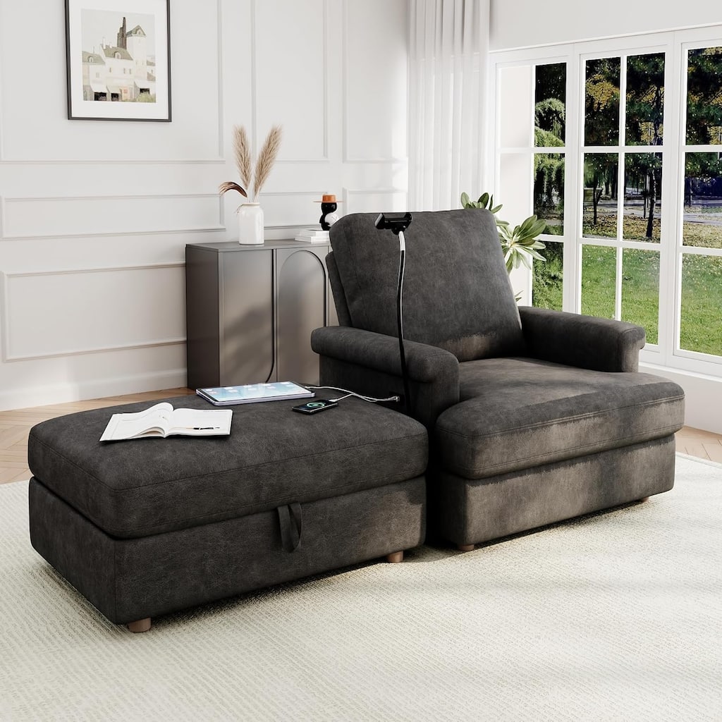 59" Oversized Chaise Lounge Chair with Storage Ottoman,Upholstered Sleeper Sofa with Reclining Backrest,Phone Holder,USB Charger