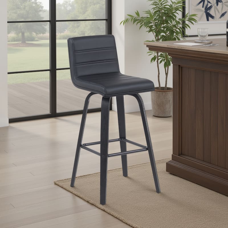 Skara Swivel Bar Stool, Upholstered Bar Height Chair with Bentwood Frame - Black & Black Brushed