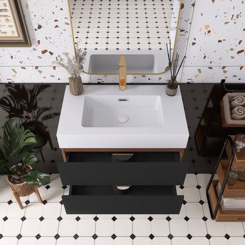 Wall Mounted Bathroom Vanity with Solid Surface Sink and Soft Drawers