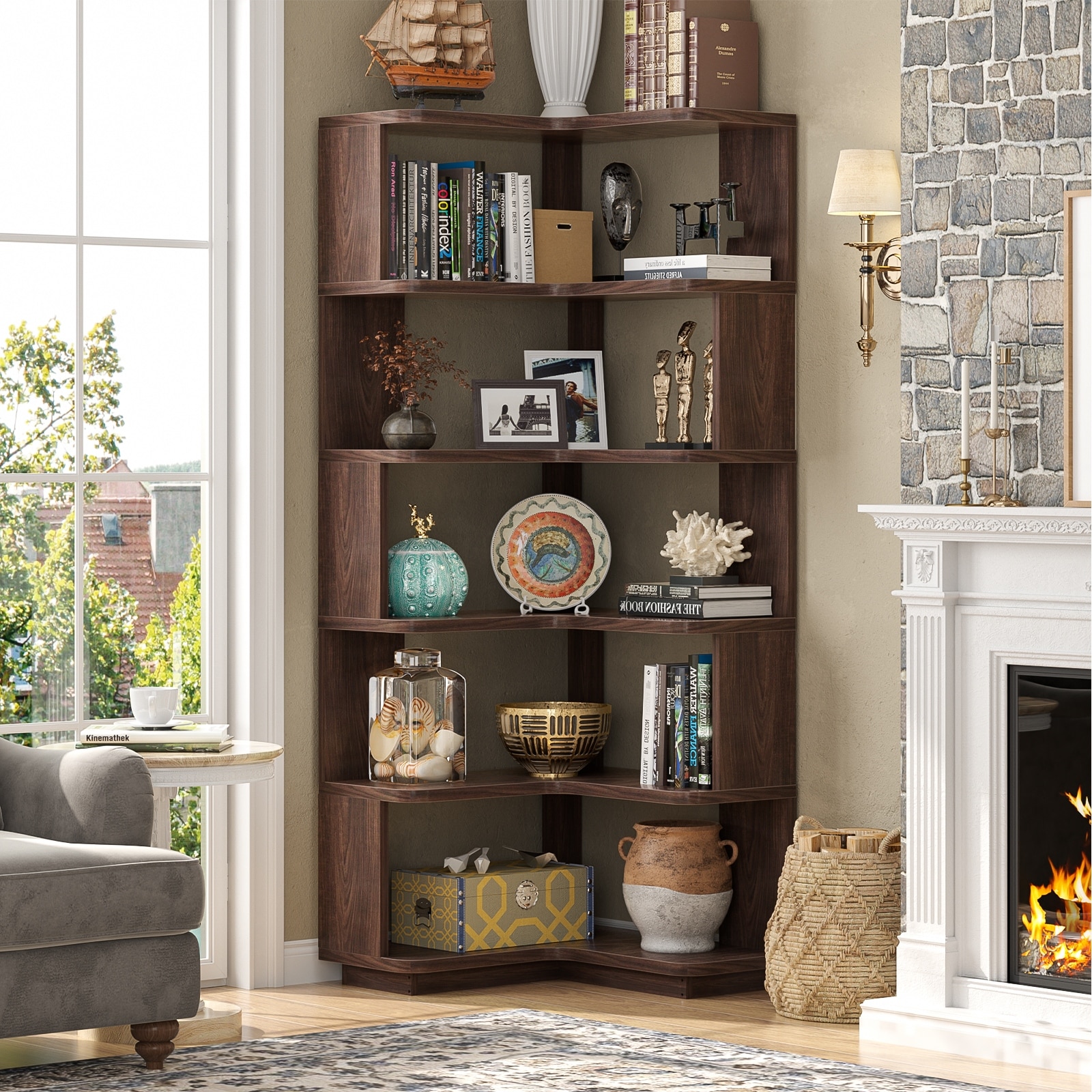 5-Tier Corner Space Shelving Bookshelves, Freestanding Display