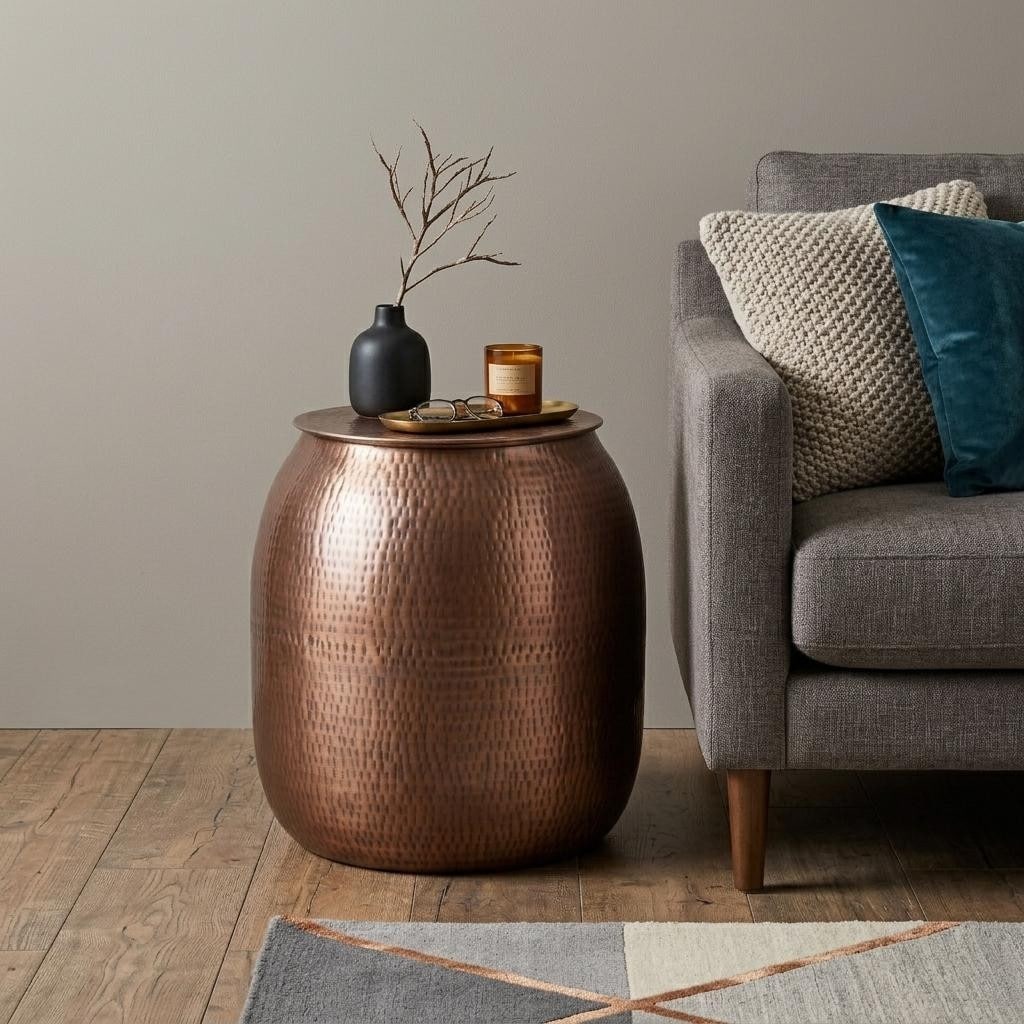 HomeRoots 21" Hammered Copper Distressed Iron Round Drum End Table - 18.50 in. x 20.50 in. x 18.50 in.