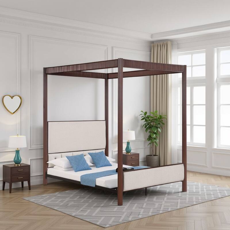 Zemy Queen Canopy Bed with 4 Posts, Beige Upholstery, Brown Metal