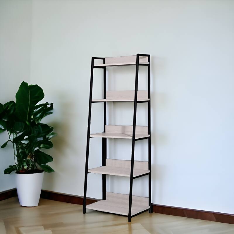 67-Inch Space-Saving Ladder Bookcase with Metal Frame and Wood Shelves for Bedroom or Living Room