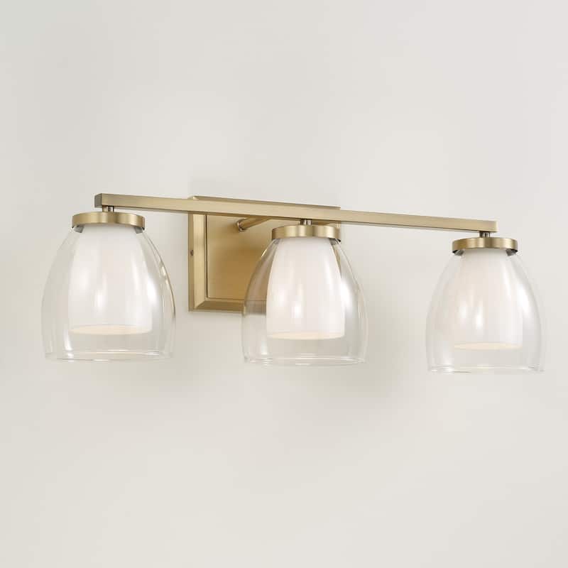 25.5" W x 8.25" H 3-Light Vanity in Aged Brass with Layered White and Clear Glass - 25.5"W x 8.25"H x 8"E
