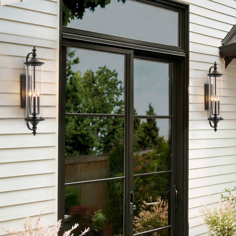32.7" H 3-Light Industial Black Outdoor Hardwired Wall Lantern Sconce with Cylindrical Clear Glass for Home Outside