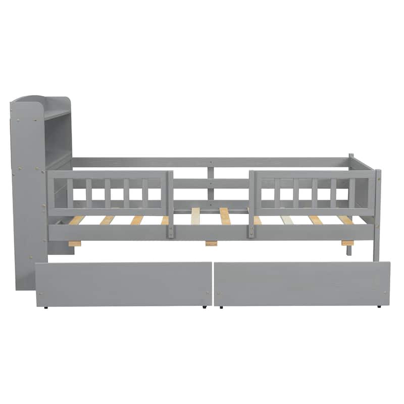 Twin Size Platform Bed with LED Headboard, 2 Storage Drawers, USB Ports, and Guardrails